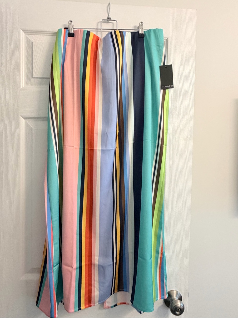 Eloquii Striped Multicolor Satin skirtwith Navy, Coral, Aqua & Yellow - Picture 3 of 3